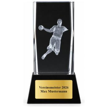3D Glasblock Handball 85, 110 oder 140 mm mit Gravurschild