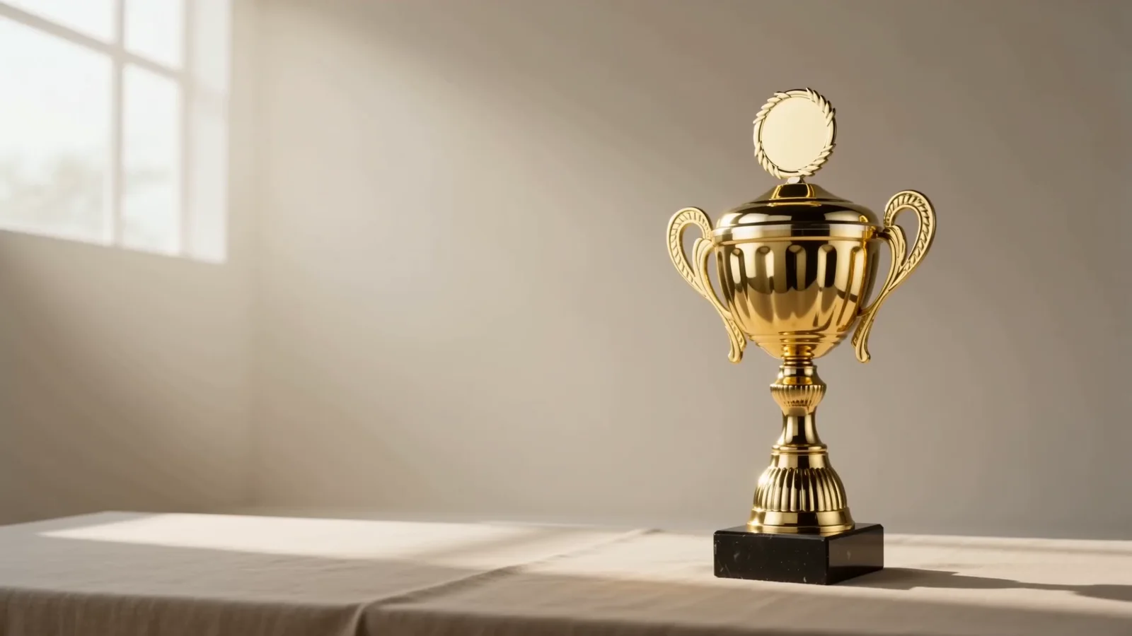 Goldener Pokal mit Deckel auf heller Leinenfläche
