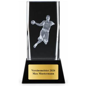 3D Glasblock Handball 85, 110 oder 140 mm mit Gravurschild