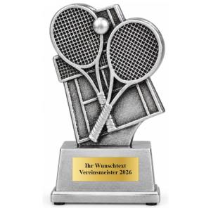 Tennis Pokal Figur gekreuzte Schläger silber 80 mm mit Gravurschild ST-36877