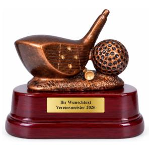Golf Pokal Figur Driver mit Golfball auf Holzsockel 11 x 13 cm mit Gravurschild ST-37052