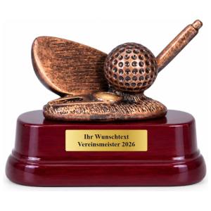 Golf Pokal Figur Eisen mit Golfball auf Holzsockel 10 x 13 cm mit Gravurschild ST-37053