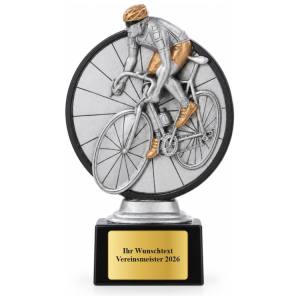 Radsport Pokal Figur Radfahrer vor Speichenrad 160 mm mit Gravurschild ST-39120