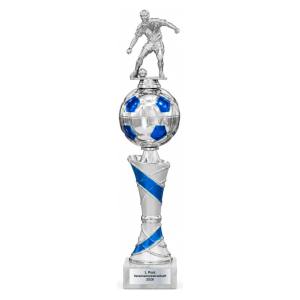 Fußball Pokal Silber-Blau mit Spielerfigur 387, 415 oder 440 mm mit Gravurschild