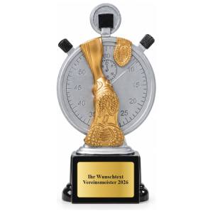 Leichtathletik Pokal Figur Stoppuhr mit Laufschuh 160, 180 oder 200 mm mit Gravurschild