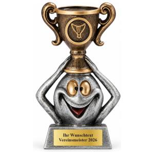 Lustiger Kinder Pokal Figur Smiley mit Pokal 95, 110 oder 135 mm mit Gravurschild