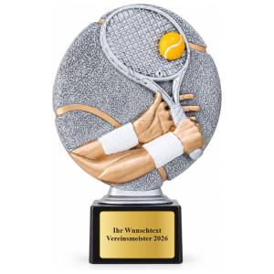 Tennis Pokal Figur Schläger mit Armen 160, 180 oder 200 mm mit Gravurschild