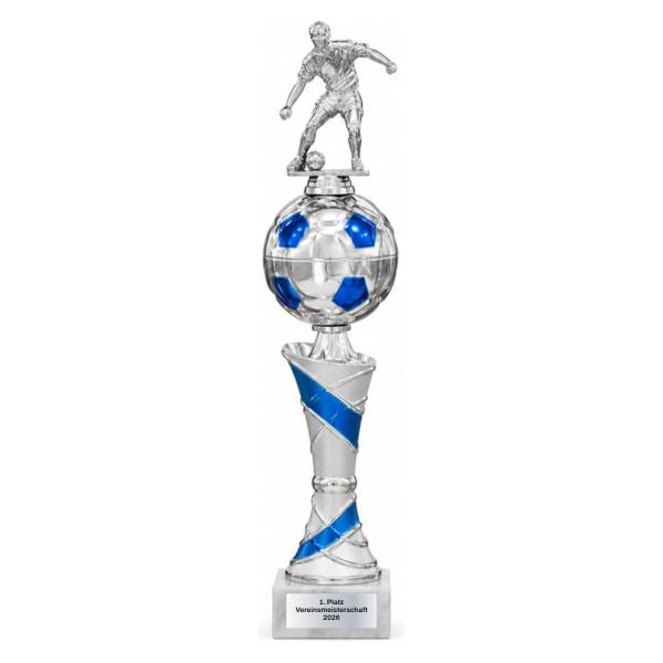 Fußball Pokal Silber-Blau mit Spielerfigur 387, 415 oder 440 mm mit Gravurschild