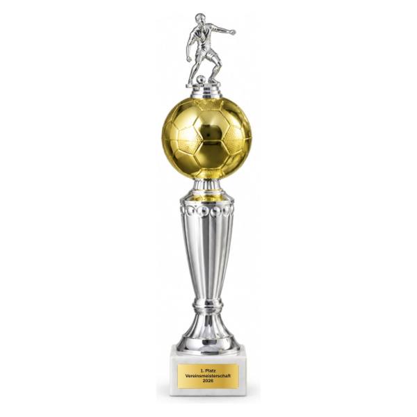 Fußball Trophäe Gold-Silber mit Spielerfigur 310, 340 oder 370 mm mit Gravurschild