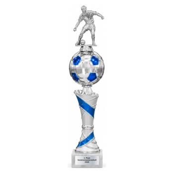 Fußball Pokal Silber-Blau mit Spielerfigur 387, 415 oder 440 mm mit Gravurschild